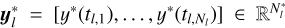 Mathematical equation: ${\bf{y}}_l^* = \left[ {{y^*}\left( {{t_{l,1}}} \right), \ldots ,{y^*}\left( {{t_{l,{N_l}}}} \right)} \right]\,\, \in \,\,{^{N_l^*}}$