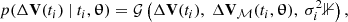 $$ \begin{aligned} {p}(\Delta \mathbf{V }(t_i)~|~t_i, \boldsymbol{\uptheta }) = \mathcal{G} \left(\Delta \mathbf{V }(t_i), ~\Delta \mathbf{V }_{\mathcal{M} }(t_i, \boldsymbol{\uptheta }),~ \sigma _i^2 {\mathbb{1} } \right) ,\end{aligned} $$