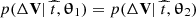 $ p(\Delta {\mathbf{V}}|~\widehat{t},\boldsymbol{\uptheta}_1) = p(\Delta {\mathbf{V}}|~\widehat{t},\boldsymbol{\uptheta}_2) $