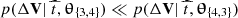 $ p(\Delta {\mathbf{V}}|~\widehat{t},\boldsymbol{\uptheta}_{\{3, 4\}}) \ll p(\Delta {\mathbf{V}}|~\widehat{t},\boldsymbol{\uptheta}_{\{4, 3\}}) $
