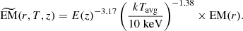 $$ \begin{aligned} {\widetilde{\mathrm{EM}}}(r,T,z) = E(z)^{-3.17} \left( \frac{kT_{\mathrm{avg} }}{10 \; \mathrm{keV} } \right)^{-1.38} \times \mathrm{EM} (r). \end{aligned} $$