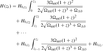 Mathematical equation: $$ \begin{aligned} H(z_i)&= H_{0,z_1}\int _{0}^{z_1} \frac{3\Omega _{\rm m0}(1+z)^2}{2\sqrt{\Omega _{\rm m0}(1+z)^{3}+\Omega _{\Lambda 0}}\nonumber } \\&\quad +H_{0,z_2}\int _{z_1}^{z_2} \frac{3\Omega _{\rm m0}(1+z)^2}{2\sqrt{\Omega _{\rm m0}(1+z)^{3}+\Omega _{\Lambda 0}}}\nonumber \\&\quad +\cdots \\&\quad +H_{0,z_i}\int _{z_{i-1}}^{z_i} \frac{3\Omega _{\rm m0}(1+z)^2}{2\sqrt{\Omega _{\rm m0}(1+z)^{3}+\Omega _{\Lambda 0}}}+H_{0,z_i}.\nonumber \end{aligned} $$