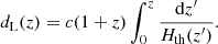 Mathematical equation: $$ \begin{aligned} d_{\rm L}(z)=c(1+z) \int _{0}^{z} \frac{\mathrm{d} z^{\prime }}{H_{\rm th}(z^{\prime })}. \end{aligned} $$