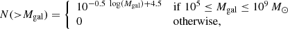 $$ \begin{aligned} N({>}M_{\rm gal}) = {\left\{ \begin{array}{ll} 10^{-0.5\;\log (M_{\rm gal}) + 4.5}&\mathrm{if}\; 10^5 \le M_{\rm gal} \le 10^9\,M_{\odot } \\ 0&\mathrm{otherwise}, \end{array}\right.} \end{aligned} $$