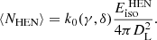 Mathematical equation: $$ \begin{aligned} \langle N_{\text{HEN}} \rangle = k_0(\gamma ,\delta ) \frac{E_{\text{iso}}^{\text{ HEN}}}{4 \pi D_{\rm L}^2} .\end{aligned} $$