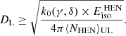 Mathematical equation: $$ \begin{aligned} D_{\rm L} \ge \sqrt{\frac{k_0(\gamma ,\delta ) \times E_{\text{iso}}^{\text{ HEN}}}{4\pi \langle N_{\text{HEN}} \rangle _{\text{UL}}}} .\end{aligned} $$