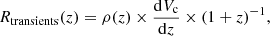 Mathematical equation: $$ \begin{aligned} R_{\text{transients}}(z) = \rho (z) \times \frac{\mathrm{d}V_{\rm c}}{\mathrm{d}z}\times (1+z)^{-1} ,\end{aligned} $$