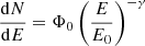 Mathematical equation: $ \frac{\mathrm{d}N}{\mathrm{d}E} = \Phi_0 \left(\frac{E}{E_0}\right)^{-\gamma} $