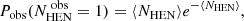 Mathematical equation: $$ \begin{aligned}&P_{\text{obs}}(N^{\text{ obs}}_{\text{HEN}} = 1) = \langle N_{\text{HEN}} \rangle e^{-\langle N_{\text{HEN}} \rangle } , \end{aligned} $$