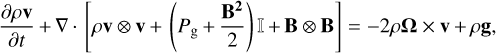 Mathematical equation: ${{\partial \rho {\bf{v}}} \over {\partial t}} + \nabla \cdot \left[ {\rho {\bf{v}} \otimes {\bf{v}} + \left( {{P_{\rm{g}}} + {{{{\bf{B}}^2}} \over 2}} \right) + {\bf{B}} \otimes {\bf{B}}} \right] = - 2\rho {\bf{\Omega }} \times {\bf{v}} + \rho {\bf{g}},$