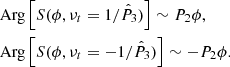 Mathematical equation: $$ \begin{aligned}&\mathrm{Arg} \left[ S(\phi ,\nu _t =1/\hat{P}_3)\right] \sim P_2\phi ,\nonumber \\&\mathrm{Arg} \left[ S(\phi ,\nu _t =-1/\hat{P}_3)\right] \sim -P_2\phi . \end{aligned} $$