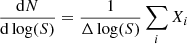 $$ \begin{aligned} \frac{\mathrm{d}N}{\mathrm{d}\log (S)}=\frac{1}{\Delta \log (S)}\sum \limits _{i}X_i \end{aligned} $$