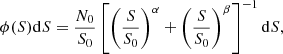 $$ \begin{aligned} \phi (S)\mathrm{d}S=\frac{N_0}{S_0}\left[\left(\frac{S}{S_0}\right)^{\alpha }+\left(\frac{S}{S_0}\right)^{\beta }\right]^{-1}\mathrm{d}S, \end{aligned} $$