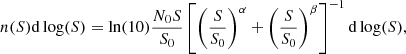 $$ \begin{aligned} n(S)\mathrm{d}\log (S)=\ln (10)\frac{N_0S}{S_0}\left[\left(\frac{S}{S_0}\right)^{\alpha }+\left(\frac{S}{S_0}\right)^{\beta }\right]^{-1}\mathrm{d}\log (S), \end{aligned} $$