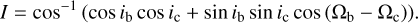 $I = {\cos ^{ - 1}}\left( {\cos {i_{\rm{b}}}\cos {i_{\rm{c}}} + \sin {i_{\rm{b}}}\sin {i_{\rm{c}}}\cos \left( {{{\rm{\Omega }}_{\rm{b}}} - {{\rm{\Omega }}_{\rm{c}}}} \right)} \right).$