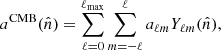 $$ \begin{aligned} a^{\mathrm{CMB} }(\hat{n}) = \sum _{\ell =0}^{\ell _{\mathrm{max} }}\sum _{m=-\ell }^{\ell } a_{\ell m} Y_{\ell m}(\hat{n}), \end{aligned} $$