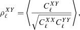 $$ \begin{aligned} \rho ^{XY}_{\ell } = \left\langle \frac{C_{\ell }^{XY}}{\sqrt{C_{\ell }^{XX}C_{\ell }^{YY}}} \right\rangle , \end{aligned} $$