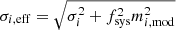 $ \sigma_{i,\mathrm{eff}} = \sqrt{\sigma_i^2 + f_{\mathrm{sys}}^2 m_{i,\mathrm{mod}}^2} $