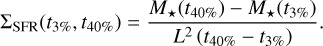 ${{\rm{\Sigma }}_{{\rm{SFR}}}}\left( {{t_{3\% }},{t_{40\% }}} \right) = {{{M_{\rm{\star}}}\left( {{t_{40\% }}} \right) - {M_{\rm{\star}}}\left( {{t_{3\% }}} \right)} \over {{L^2}\left( {{t_{40\% }} - {t_{3\% }}} \right)}}.$