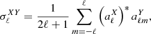 $$ \begin{aligned} \sigma _{\ell }^{XY} = \frac{1}{2\ell +1} \sum _{m=-\ell }^{\ell } \left(a_{\ell }^X\right)^* a_{\ell m}^Y, \end{aligned} $$