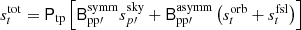 $$ \begin{aligned} s^{\mathrm{tot} }_{t} = \mathsf P _{\rm tp}\left[\mathsf B _{\mathrm{pp}\prime }^{\mathrm{symm} }s^{\mathrm{sky} }_{p\prime } + \mathsf B _{\mathrm{pp}\prime }^{\mathrm{asymm} }\left(s^{\mathrm{orb} }_{t} + s^{\mathrm{fsl} }_{t}\right)\right] \end{aligned} $$