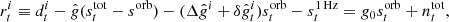 $$ \begin{aligned} r^i_{t} \equiv d^i_{t} - \hat{g} (s^{\mathrm{tot} }_{t} - s^{\mathrm{orb} }) - (\Delta \hat{g}^i + \delta \hat{g}_{t}^i) s^{\mathrm{orb} }_{t} - s^\mathrm{1\,Hz }_{t} = g_0 s^{\mathrm{orb} }_{t} + n^{\mathrm{tot} }_{t}, \end{aligned} $$