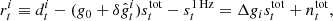 $$ \begin{aligned} r^i_{t} \equiv d^i_{t} - (g_0 + \delta \hat{g}_{t}^i) s^{\mathrm{tot} }_{t} - s^\mathrm{1\,Hz }_{t} = \Delta g_i s^{\mathrm{tot} }_{t} + n^{\mathrm{tot} }_{t}, \end{aligned} $$