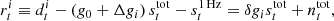 $$ \begin{aligned} r^i_{t} \equiv d^i_{t} - \left(g_0 + \Delta g_i\right) s^{\mathrm{tot} }_{t} - s^\mathrm{1\,Hz }_{t} = \delta g_i s^{\mathrm{tot} }_{t} + n^{\mathrm{tot} }_{t}, \end{aligned} $$