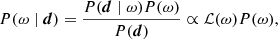 Mathematical equation: $$ \begin{aligned} P(\omega \mid {\boldsymbol{d}}) = \frac{P({\boldsymbol{d}}\mid \omega )P(\omega )}{P({\boldsymbol{d}})} \propto \mathcal{L} (\omega )P(\omega ), \end{aligned} $$