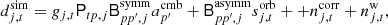 Mathematical equation: $$ \begin{aligned} d_{j,t}^{\mathrm{sim} }&= g_{j,t}\mathsf P _{tp,j} \mathsf{B }^{\mathrm{symm} }_{pp^\prime ,j} a^\mathrm{cmb} _{p^\prime } + \mathsf{B }^{\mathrm{asymm} }_{pp^\prime ,j} s^{\mathrm{orb} }_{j,t} + + n^{\mathrm{corr} }_{j,t} + n^{\mathrm{w} }_{j,t}, \end{aligned} $$