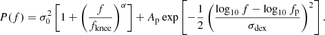 Mathematical equation: $$ \begin{aligned} P(f) = \sigma _0^2\left[1 + \left(\frac{f}{f_{\rm knee}}\right)^\alpha \right] + A_{\rm p} \exp \left[-\frac{1}{2}\left(\frac{\log _{10}f - \log _{10} f_{\rm p}}{\sigma _{\rm dex}}\right)^2\right]. \end{aligned} $$