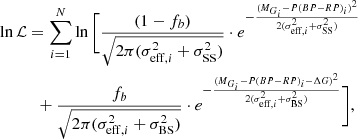 Mathematical equation: $$ \begin{aligned}&\ln \mathcal{L} = \sum _{i=1}^{N} \ln \Bigg [ \frac{(1-f_b)}{\sqrt{2\pi (\sigma _{\mathrm{eff}, i}^2+\sigma _{\rm SS}^2)}} \cdot {e}^{-\frac{(M_{G_i} - P(BP-RP)_i)^2}{2(\sigma _{\mathrm{eff}, i}^2+\sigma _{\rm SS}^2)}} \nonumber \\&\qquad \quad + \frac{f_b}{\sqrt{2\pi (\sigma _{\mathrm{eff}, i}^2+\sigma _{\rm BS}^2)}} \cdot {e}^{-\frac{(M_{G_i} - P(BP-RP)_i - \Delta G)^2}{2(\sigma _{\mathrm{eff}, i}^2+\sigma _{\rm BS}^2)}} \Bigg ], \end{aligned} $$