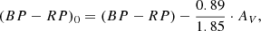 Mathematical equation: $$ \begin{aligned}&(BP-RP)_0 = (BP - RP) - \frac{0.89}{1.85}\cdot A_V, \end{aligned} $$