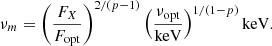 $$ \begin{aligned} \nu _m=\left(\frac{F_X}{F_{\mathrm{opt} }}\right)^{2 /(p-1)}\left(\frac{\nu _{\mathrm{opt} }}{{\mathrm{keV} }}\right)^{1 /(1-p)} \mathrm{keV} . \end{aligned} $$
