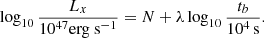 $$ \begin{aligned} \log _{10} \frac{L_x}{10^{47} \mathrm {erg\ s}^{-1}}= N + \lambda \log _{10} \frac{t_b}{10^4 \, \mathrm s}. \end{aligned} $$