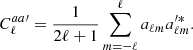Mathematical equation: $$ \begin{aligned} C_\ell ^{aa\prime } = \frac{1}{2\ell +1}\sum _{m=-\ell }^\ell a_{\ell m}a_{\ell m}^{\prime *}. \end{aligned} $$