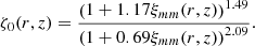 Mathematical equation: $$ \begin{aligned} \zeta _0(r,z) = \frac{\left(1+1.17\xi _{mm}(r,z)\right)^{1.49}}{\left(1+0.69\xi _{mm}(r,z)\right)^{2.09}}. \end{aligned} $$