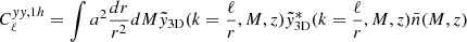 Mathematical equation: $$ \begin{aligned} C_\ell ^{yy,1h}&= \int a^2\frac{dr}{r^2}dM\tilde{y}_{\rm 3D}(k=\frac{\ell }{r},M,z)\tilde{y}_{\rm 3D}^*(k=\frac{\ell }{r},M,z)\bar{n}(M,z) \end{aligned} $$
