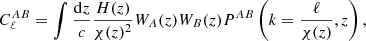 Mathematical equation: $$ \begin{aligned} C_\ell ^{AB} = \int \frac{\mathrm{d}z}{c}\frac{H(z)}{\chi (z)^2}W_A(z)W_B(z)P^{AB}\left(k=\frac{\ell }{\chi (z)},z\right), \end{aligned} $$