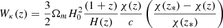 Mathematical equation: $$ \begin{aligned} W_{\kappa }(z)&= \frac{3}{2}\Omega _mH_0^2\frac{(1+z)}{H(z)}\frac{\chi (z)}{c}\left(\frac{\chi (z_*)-\chi (z)}{\chi (z_*)}\right) \end{aligned} $$