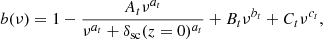 Mathematical equation: $$ \begin{aligned} b(\nu ) = 1-\frac{A_t\nu ^{a_t}}{\nu ^{a_t}+\delta _{\rm sc}(z=0)^{a_t}}+B_t\nu ^{b_t}+C_t\nu ^{c_t}, \end{aligned} $$