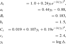 Mathematical equation: $$ \begin{aligned}&A_t&= 1.0+0.24{ y}_te^{-(4/{ y}_t)^4},\\&a_t&= 0.44{ y}_t-0.88, \\&B_t&= 0.183, \\&b_t&= 1.5, \\&C_t&= 0.019+0.107{ y}_t+0.19e^{-(4/{ y}_t)^4}, \\&c_t&= 2.4, \\&{ y}_t&= \log {\Delta .} \end{aligned} $$