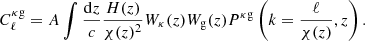 Mathematical equation: $$ \begin{aligned} C_\ell ^{\kappa \mathrm{g}} = A\int \frac{\mathrm{d}z}{c}\frac{H(z)}{\chi (z)^2}W_\kappa (z)W_{\rm g}(z)P^{\kappa \mathrm{g}}\left(k=\frac{\ell }{\chi (z)},z\right). \end{aligned} $$