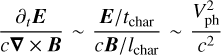 Mathematical equation: ${{{\partial _t}{\bf{E}}} \over {c\nabla \times {\bf{B}}}} \sim {{{E \mathord{\left/ {\vphantom {E {{t_{{\rm{char}}}}}}} \right. \kern-\nulldelimiterspace} {{t_{{\rm{char}}}}}}} \over {{{c{\bf{B}}} \mathord{\left/ {\vphantom {{c{\bf{B}}} {{l_{{\rm{char}}}}}}} \right. \kern-\nulldelimiterspace} {{l_{{\rm{char}}}}}}}} \sim {{V_{{\rm{ph}}}^2} \over {{c^2}}} $