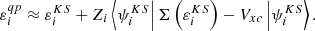$$ \begin{aligned} \varepsilon _{i}^{qp}\approx \varepsilon _{i}^{KS}+Z_{i}\left\langle \psi _{i}^{KS}\right|\Sigma \left(\varepsilon _{i}^{KS}\right)-V_{xc}\left|\psi _{i}^{KS}\right\rangle . \end{aligned} $$
