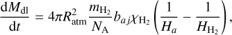 ${{{\rm{d}}{M_{{\rm{dl}}}}} \over {{\rm{d}}t}} = 4\pi R_{{\rm{atm}}}^2{{{m_{{{\rm{H}}_2}}}} \over {{N_A}}}{b_{aj}}{\chi _{{{\rm{H}}_2}}}\,\left( {{1 \over {{H_a}}} - {1 \over {{H_{{{\rm{H}}_2}}}}}} \right),$