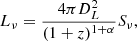 Mathematical equation: $$ \begin{aligned} L_\nu = \frac{4 \pi D_L^2}{(1+z)^{1+\alpha }} S_\nu , \end{aligned} $$