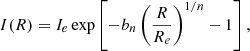 $$ \begin{aligned} I(R) = I_{e} \exp \left[ - b_{n} \left(\frac{R}{R_{e}}\right)^{1/n}-1\right], \end{aligned} $$