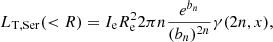 $$ \begin{aligned} L_{\rm T,Ser}( < R) = I_{\rm e} R^{2}_{\rm e} 2 \pi n \frac{e^{b_{n}}}{(b_{n})^{2n}} \gamma (2n,x), \end{aligned} $$
