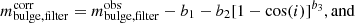 $$ \begin{aligned} m^\mathrm{corr}_{\rm bulge,filter} =m^\mathrm{obs}_{\rm bulge,filter} -b_{1}-b_{2}[1-\mathrm{cos} (i)]^{b_{3}}, \mathrm{and} \end{aligned} $$